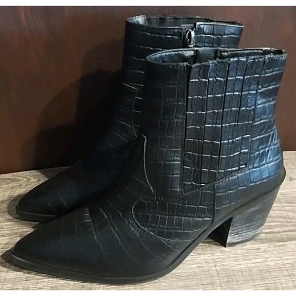 Blondo Womens 7 Ankle Bootie Black Leather Waterproof Pointed Reptile Toe Boots - Picture 2 of 10